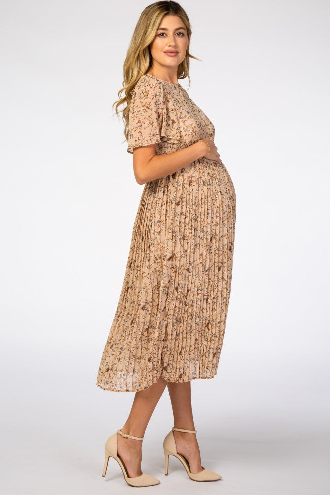 PinkBlush beige floral maternity midi dress side profile and silhouette