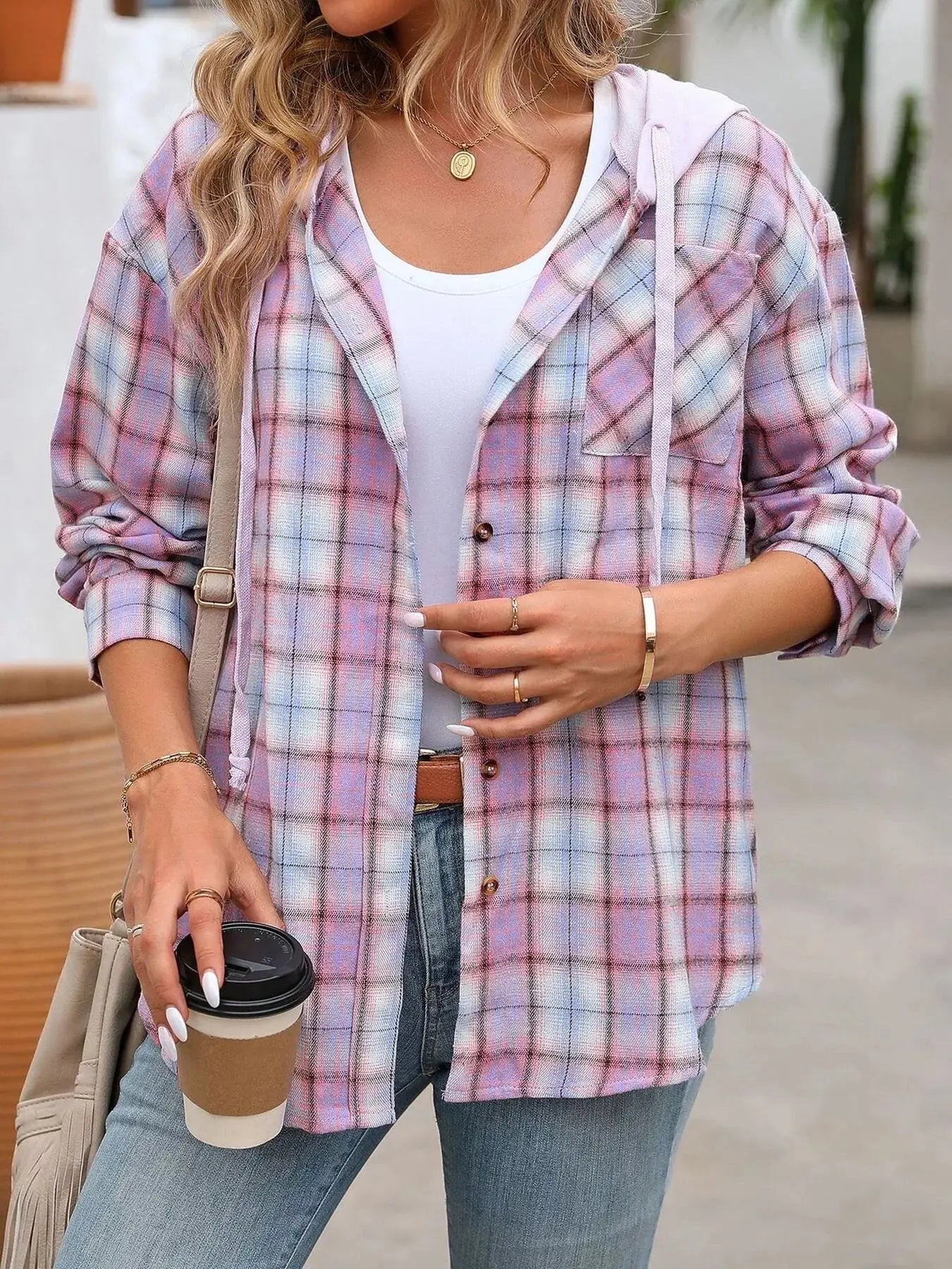 Hooded Plaid Button-Up Shirt Simply Love
