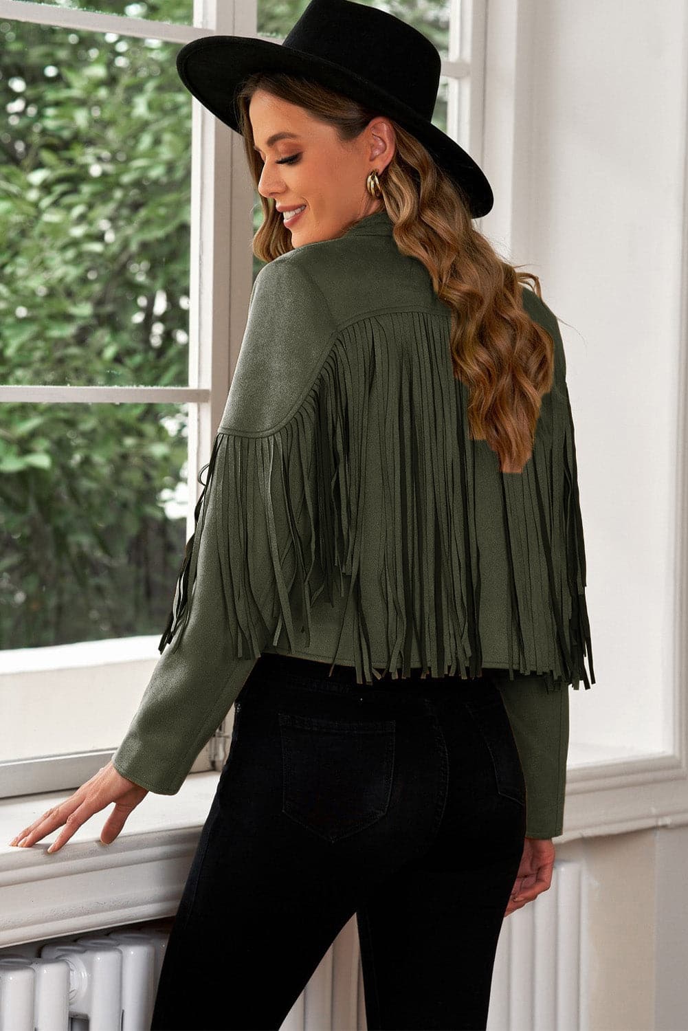 Fringe Trim Lapel Collar Cropped Blazer.