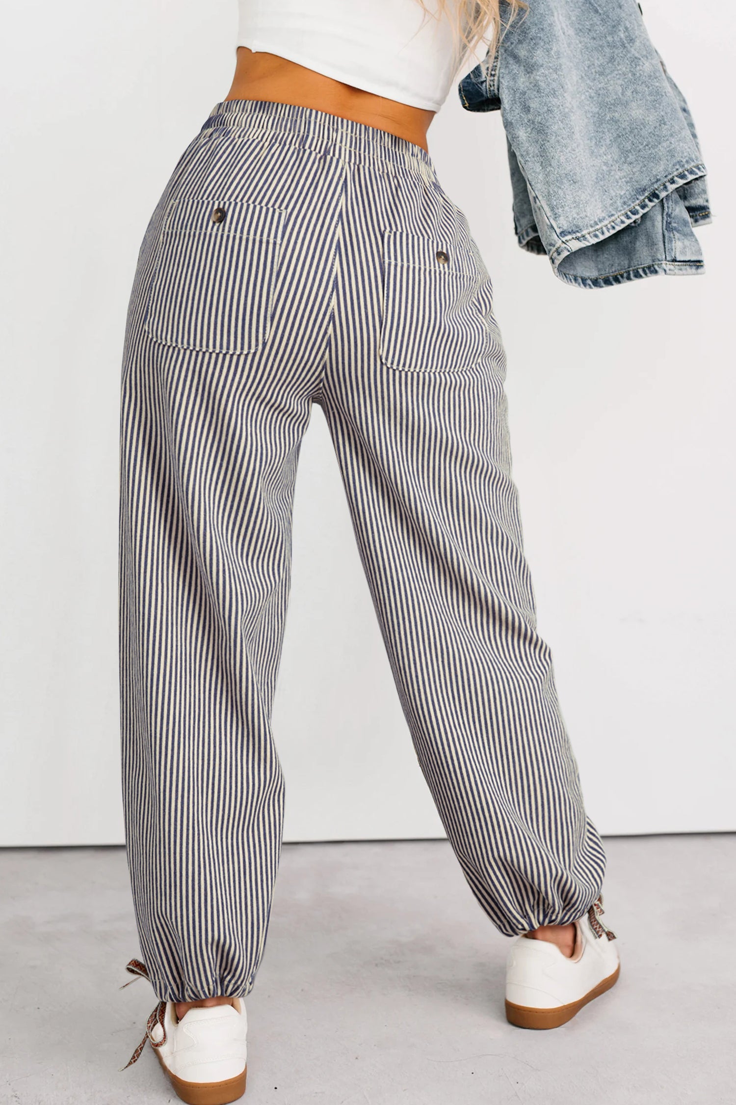 Khaki Stripe Button Patch Pocket Drawstring Elastic Waist Loose Pants Dear-Lover Dropshipping