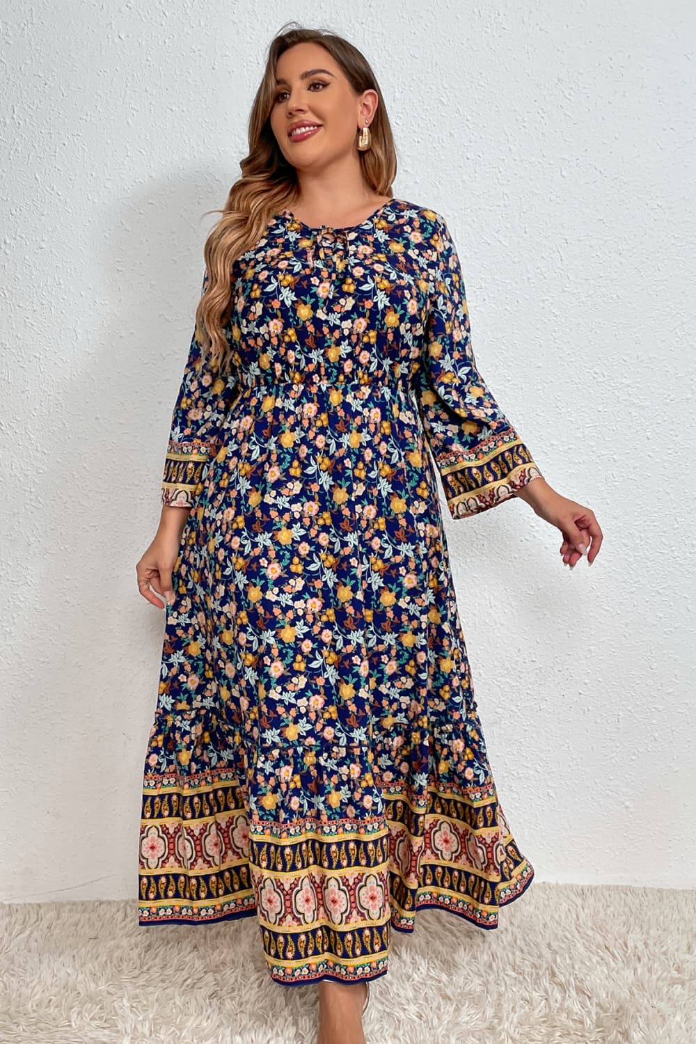 Melo Apparel Plus Size Bohemian Round Neck Maxi Dress.