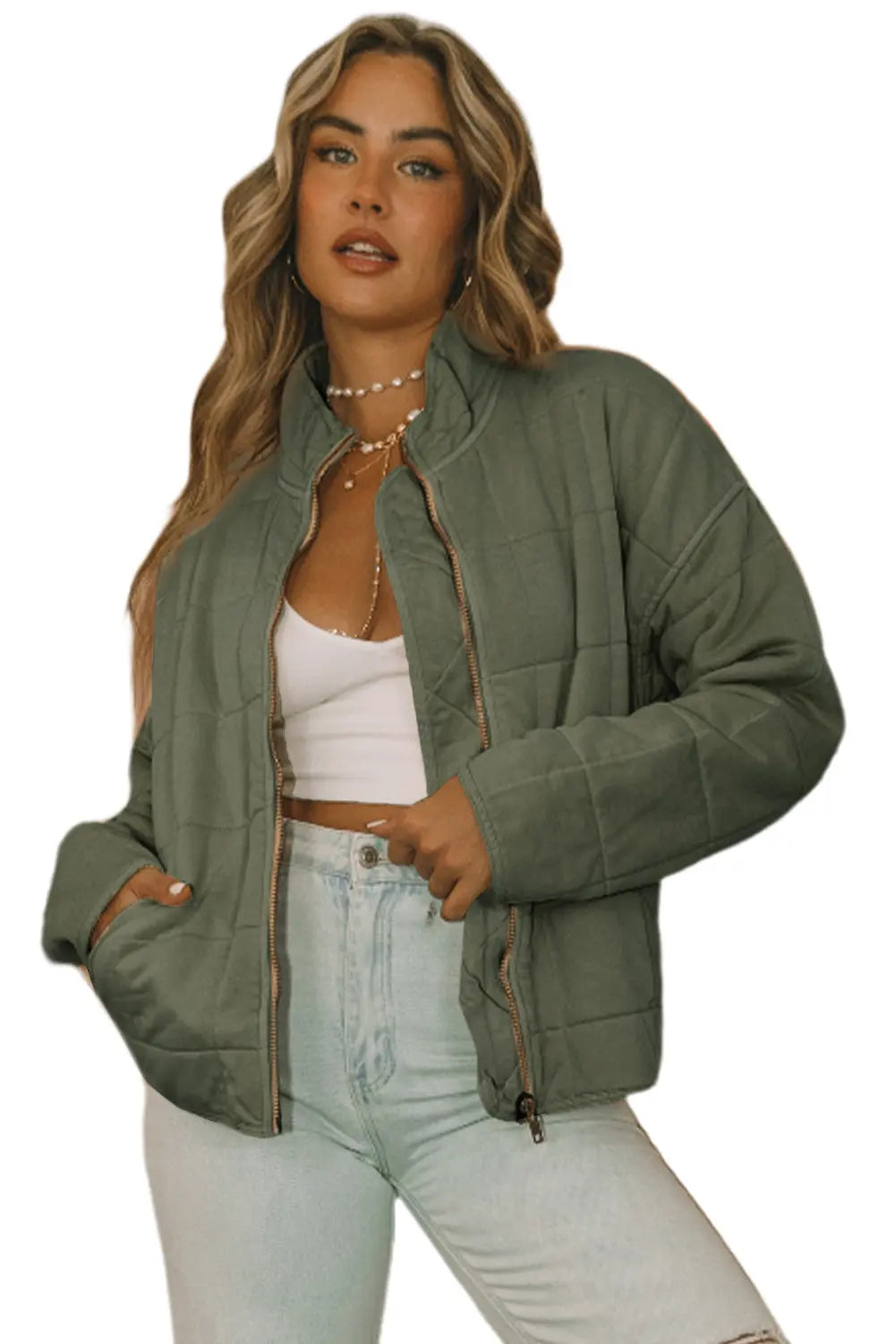 Green Quilted Zip Up Jacket With Pockets For Everyday Wear Dear-Lover Dropshipping
