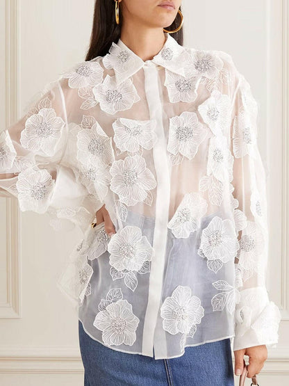 French elegant style organza lapel shirt three-dimensional flower sequined shirt top for women.