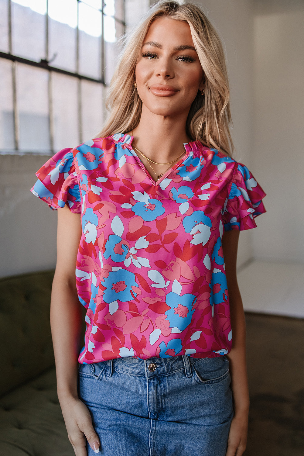 Floral Ruffle Sleeve Blouse in Rose Red