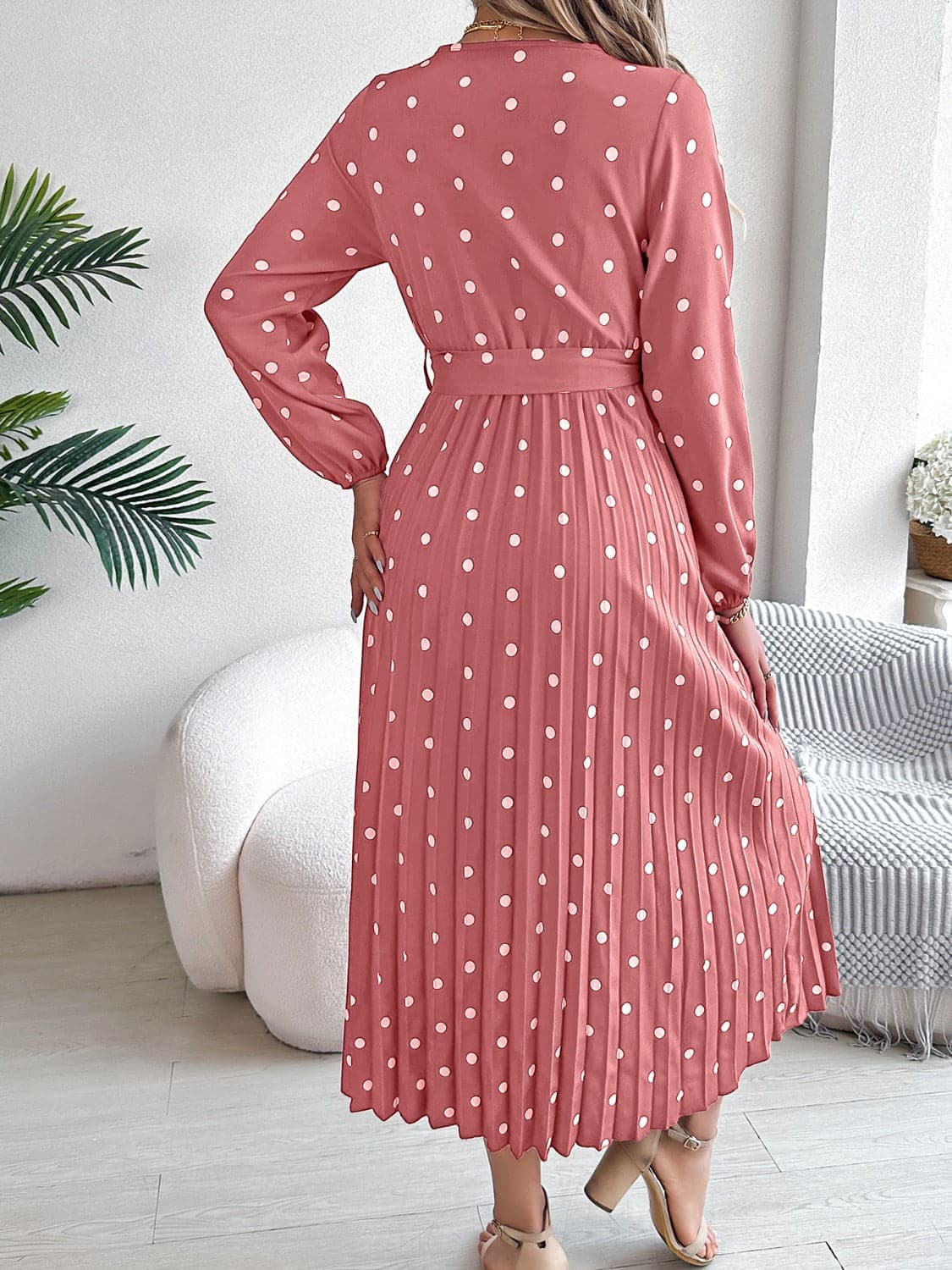 Tied Polka Dot Long Sleeve Midi Dress.