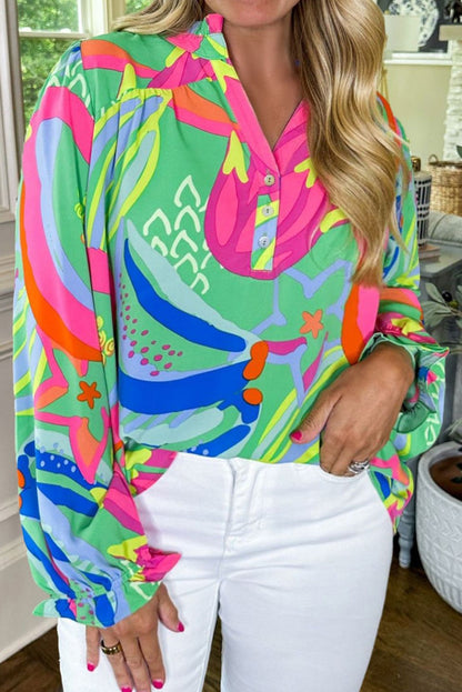 Flattering green abstract print plus size blouse with flounce sleeves