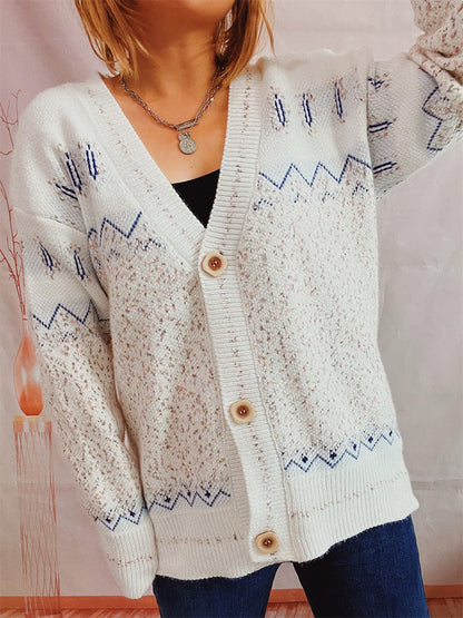 Geometric Button Front Long Sleeve Cardigan.