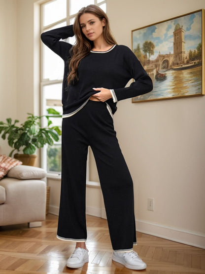 Contrast Trim Cozy Knit Top and Bottom Set