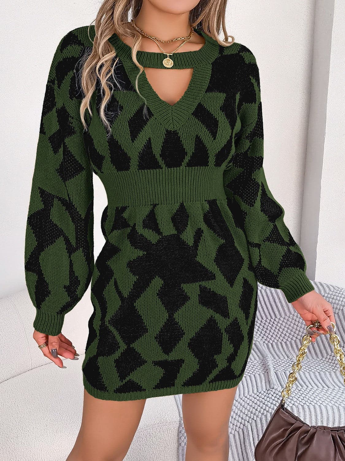 Contrast Round Neck Cutout Long Sleeve Mini Sweater Dress.