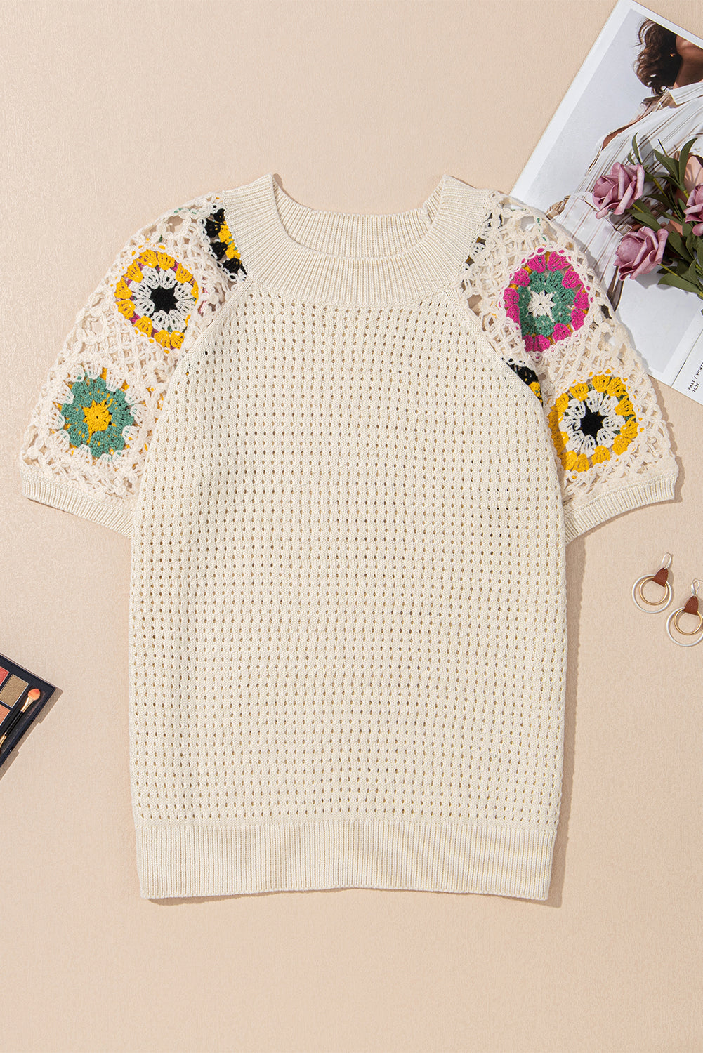 Apricot Floral Crochet Embroidered Short Sleeve Sweater with Hollow Out Design