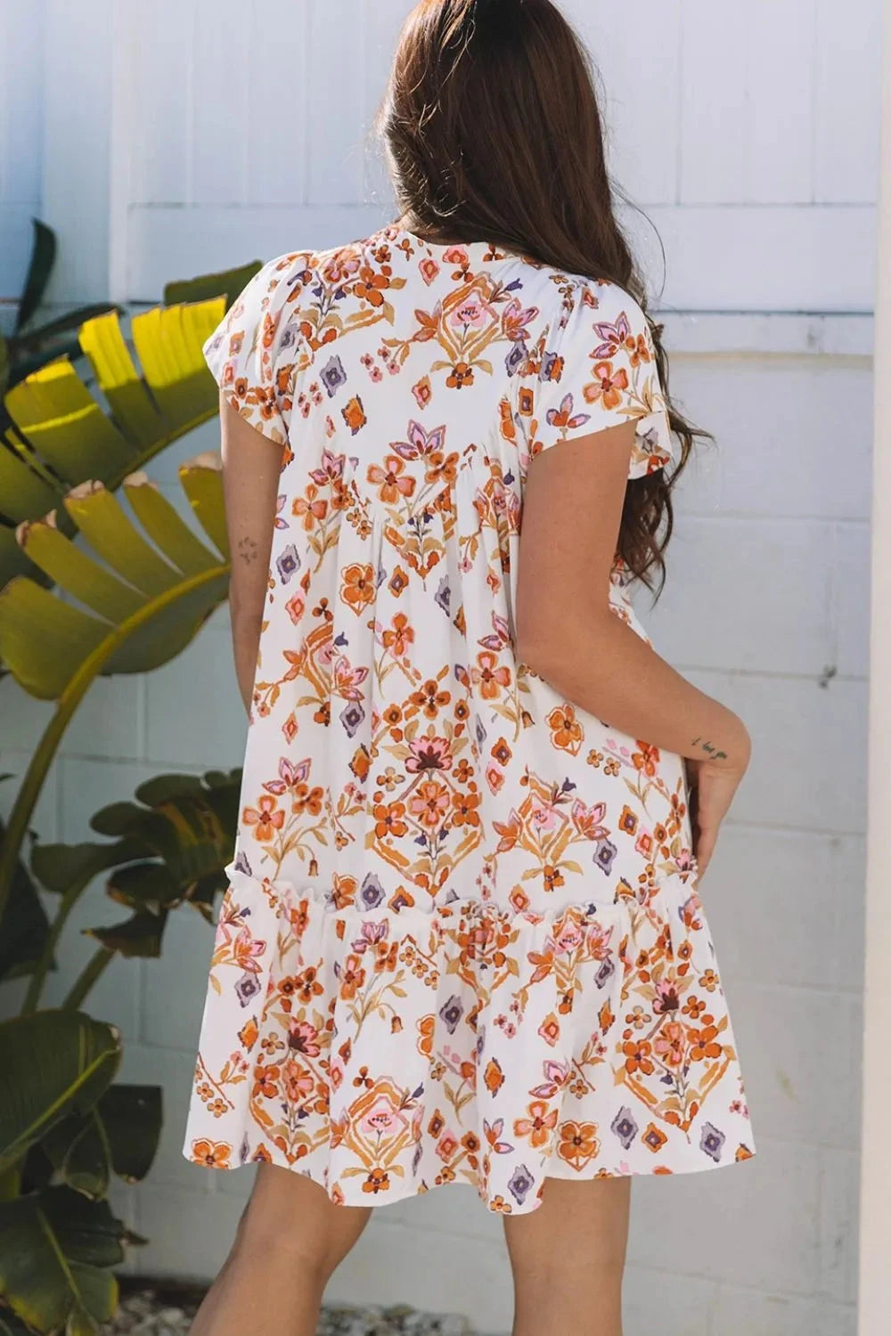 Printed Tie Neck Cap Sleeve Mini Dress Simply Love