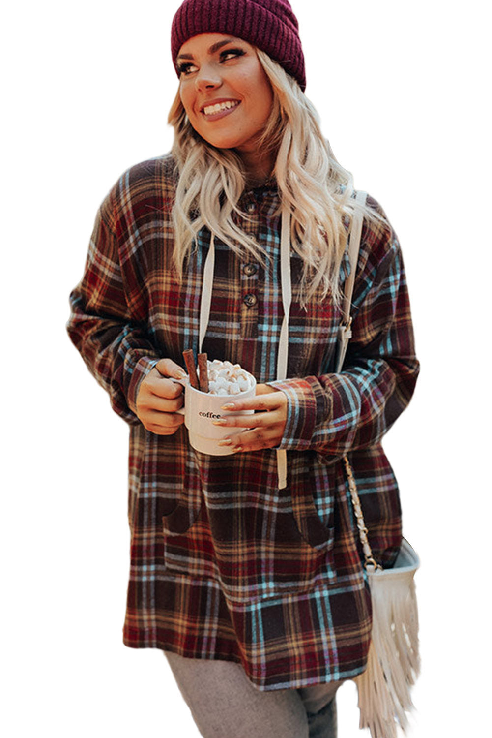 Chic fiery red plaid plus size hoodie with kangaroo pocket