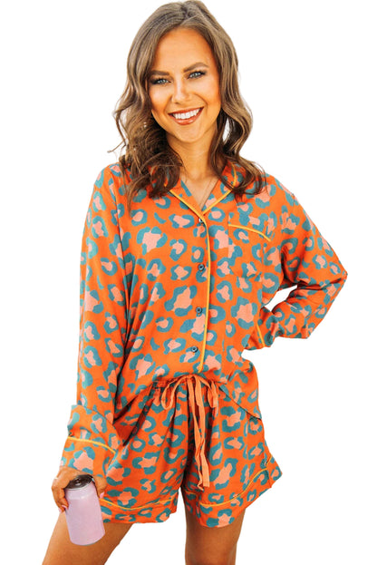 Leopard print loungewear set with long sleeves and shorts in vibrant orange