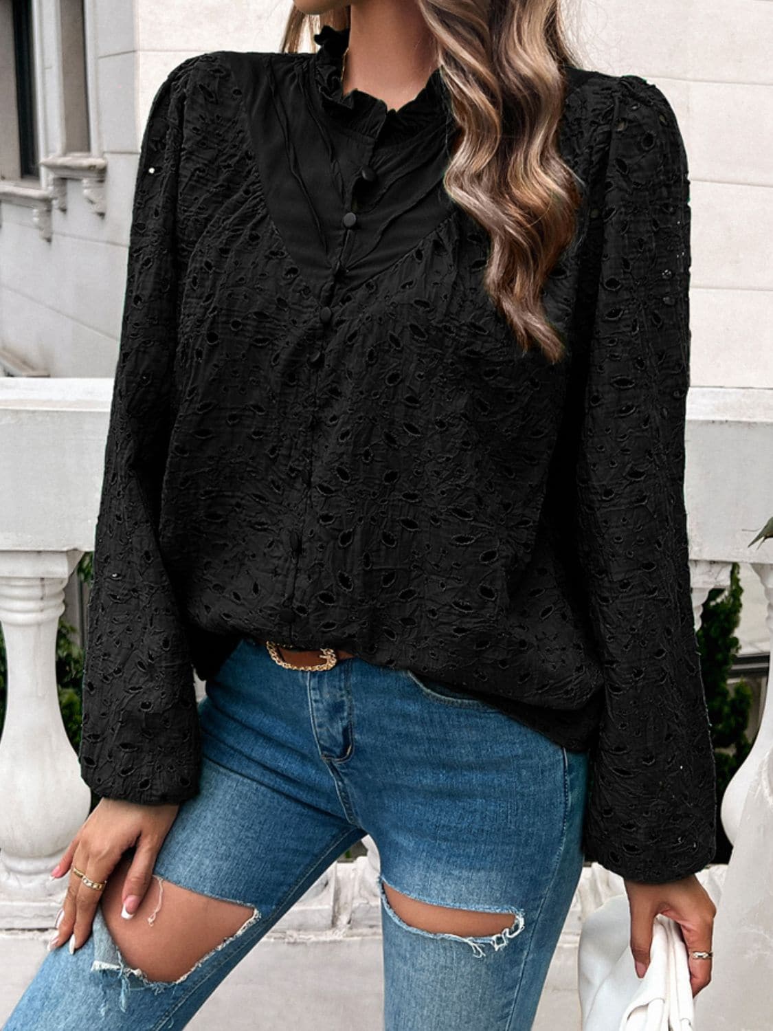 Frill Round Neck Long Sleeve Shirt.