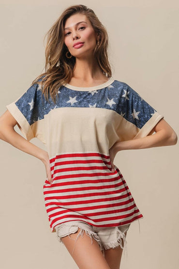 BiBi American Flag Theme Short Sleeve T-Shirt.