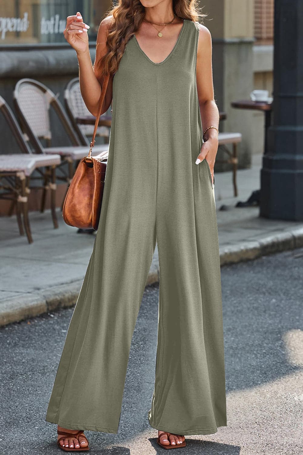 Full Size V-Neck Wide Strap Jumpsuit.