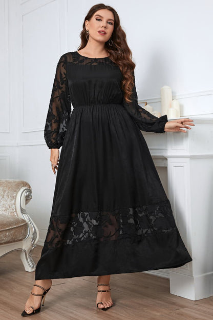 Melo Apparel Plus Size Embroidery Round Neck Long Sleeve Maxi Dress.