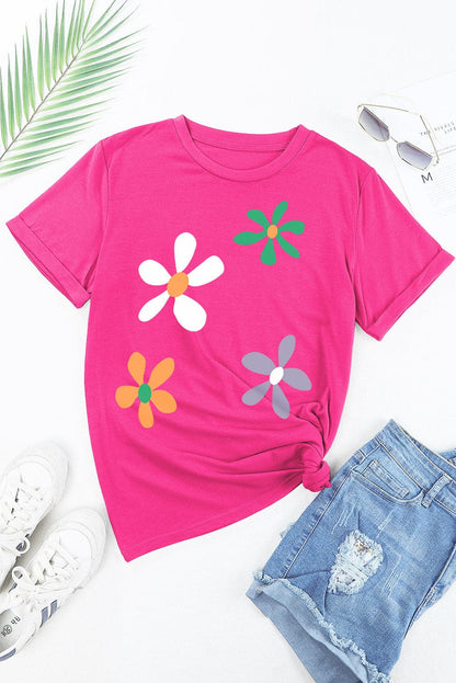 Flower Round Neck Short Sleeve T-Shirt.