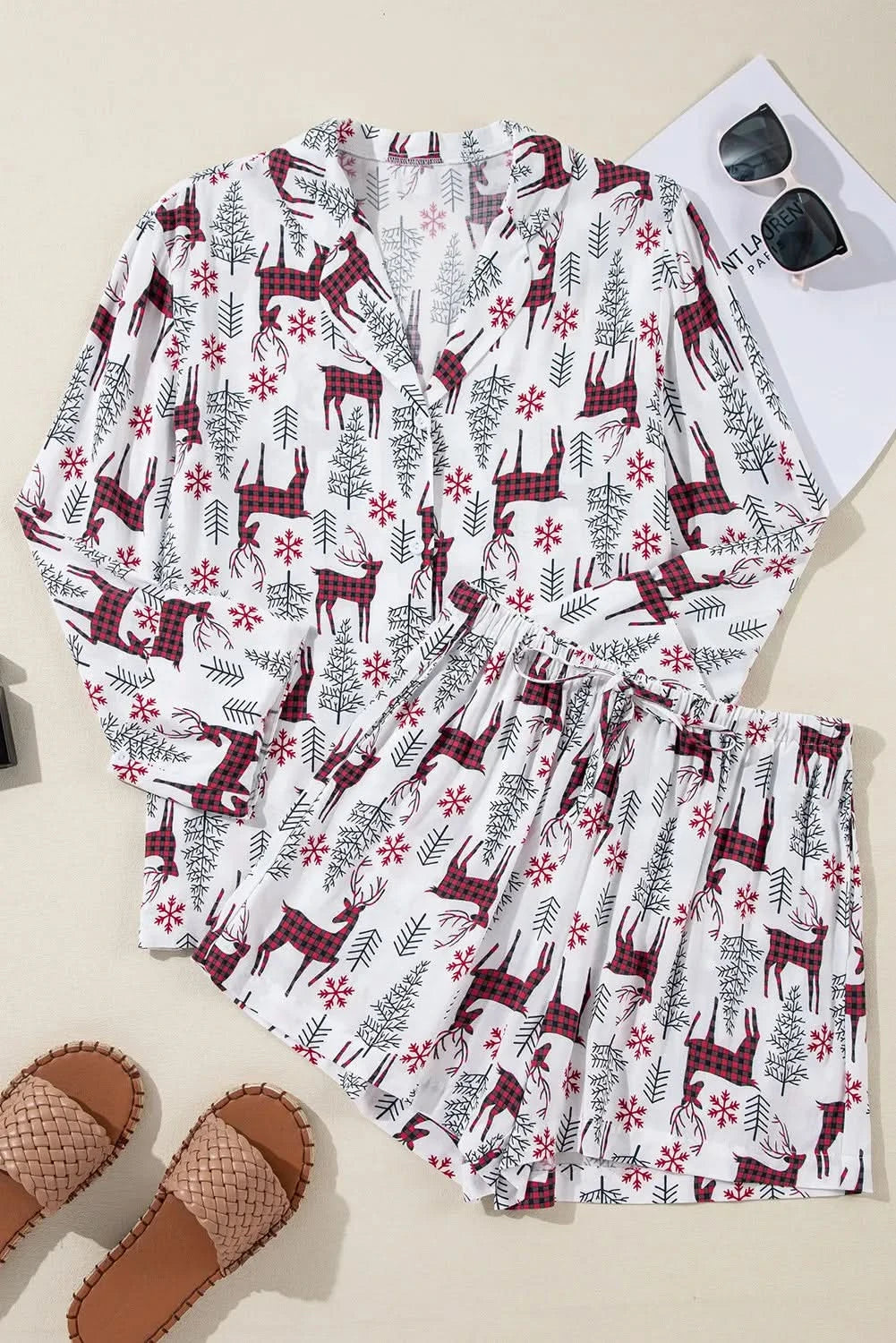 Stylish printed collared long sleeve top and shorts lounge set