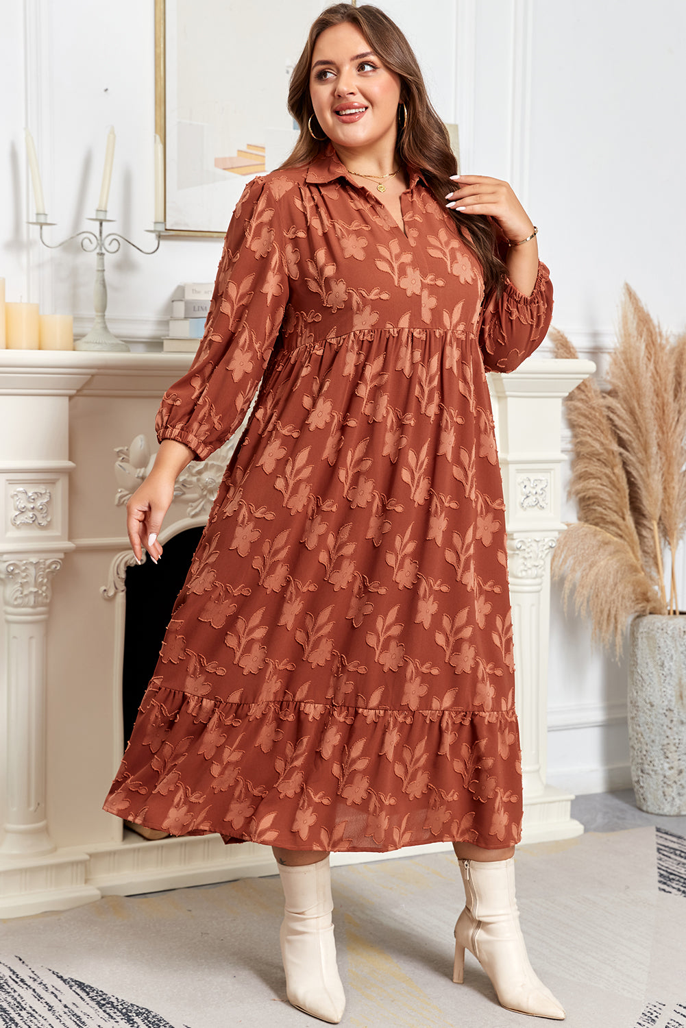 Premium Cinnamon Plus Size Textured 3D Flower Dress Ruffle Hem Long Dear-Lover Dropshipping
