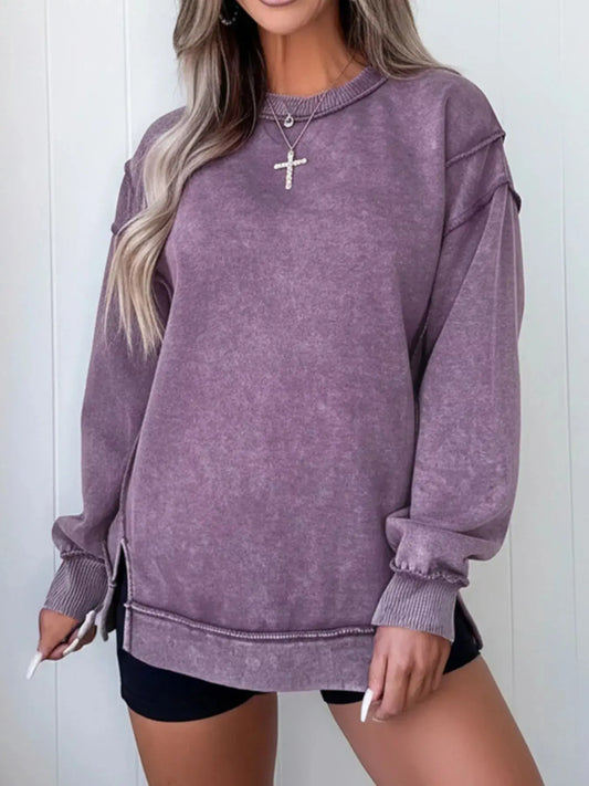 Oversized Wash Slit Round Neck Sweatshirt For Women Simply Love