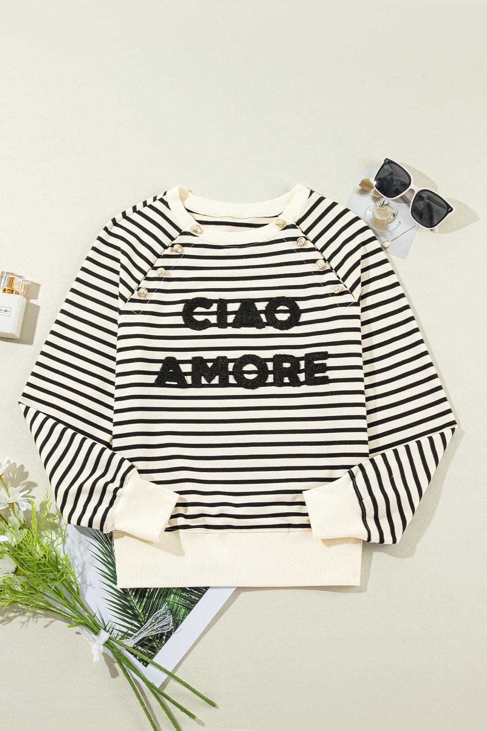 Decorative Button Striped Long Sleeve Sweatshirt.