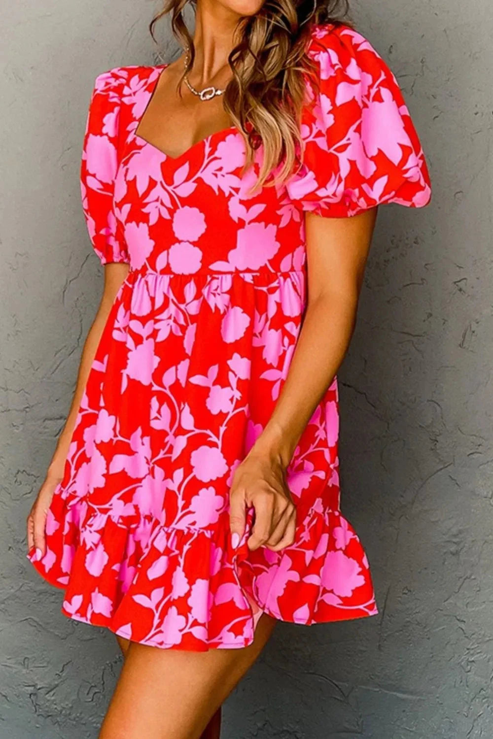 Floral Puff Sleeve Sweetheart Neck Ruffled Mini Dress Simply Love