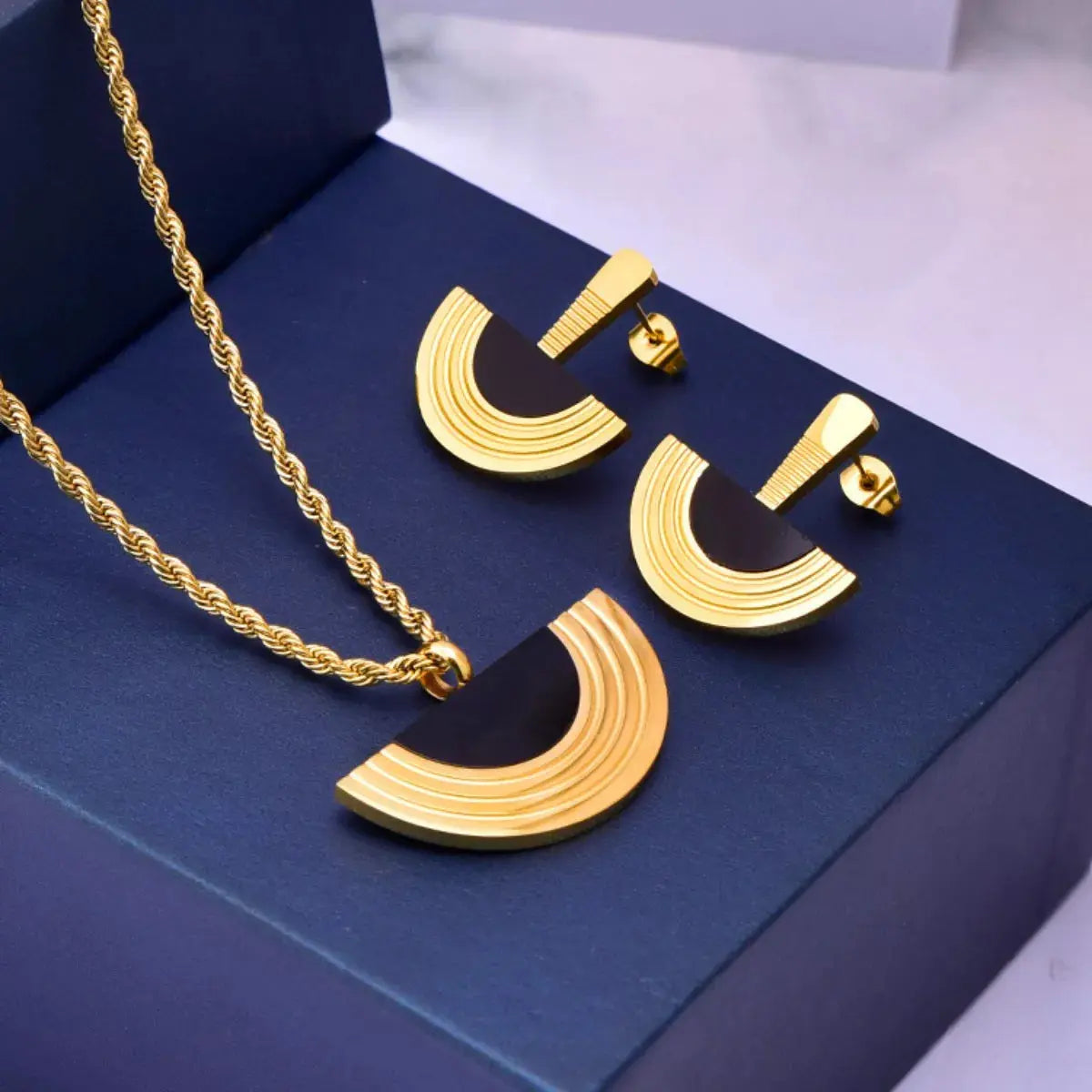 Geometric Half-Circle 18K Gold Plated Necklace Ring and Earrings Jewelry Set Simply Love