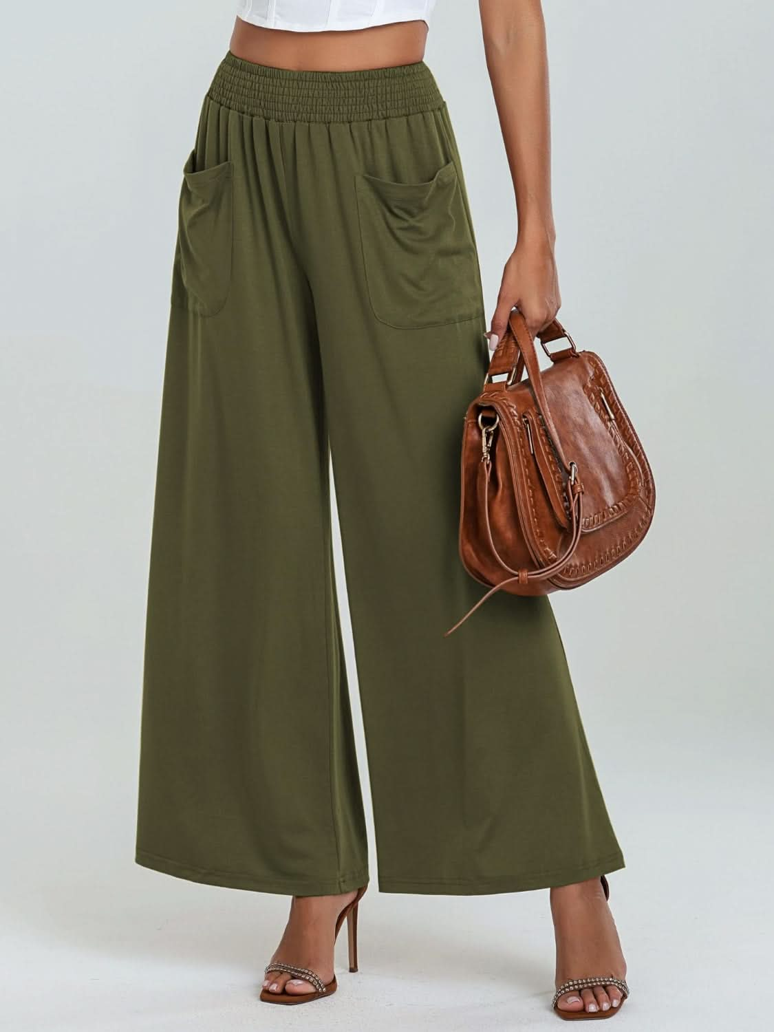 Wide Leg Pants with Pocketed Elastic Waistband