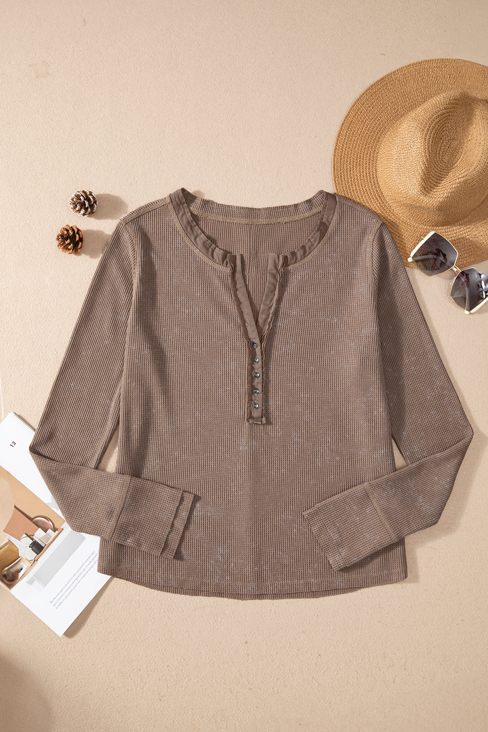 Trendy coffee acid wash waffle knit long sleeve top with buttoned neckline