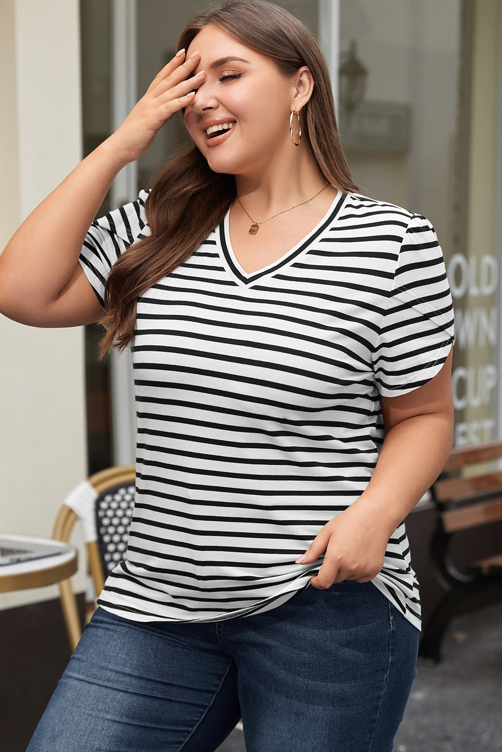 Chic white striped v neck plus size T-shirt with petal sleeves