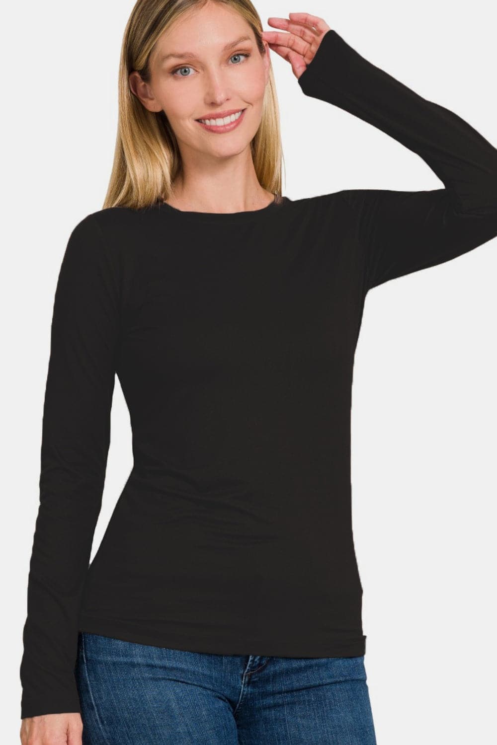 Zenana Ful Size Brushed Microfiber Long Sleeve Round Neck T-Shirt.