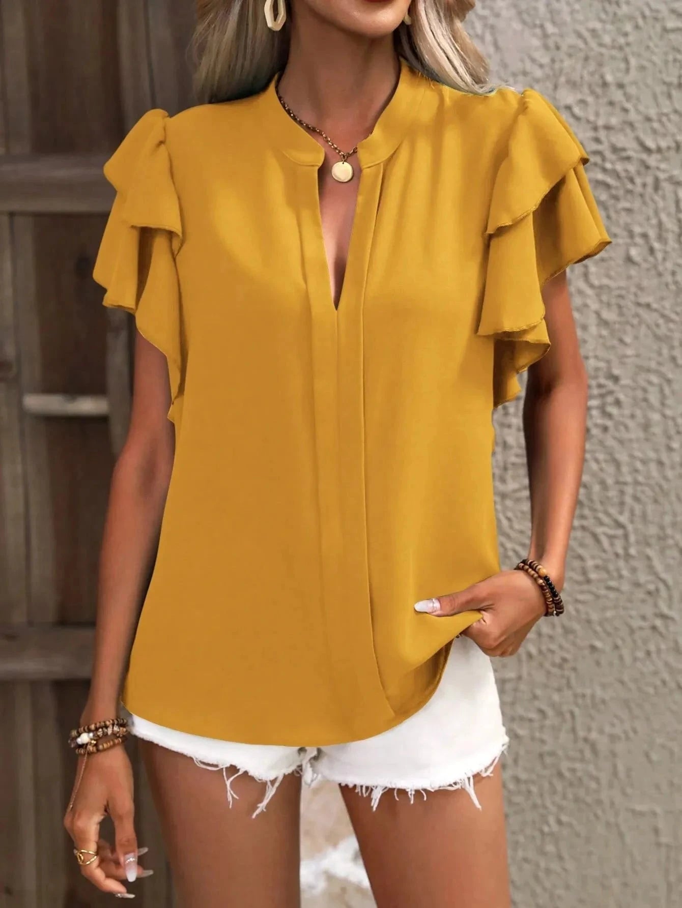 Ruffle Sleeve Notched Blouse Coco’s Tee Boutique