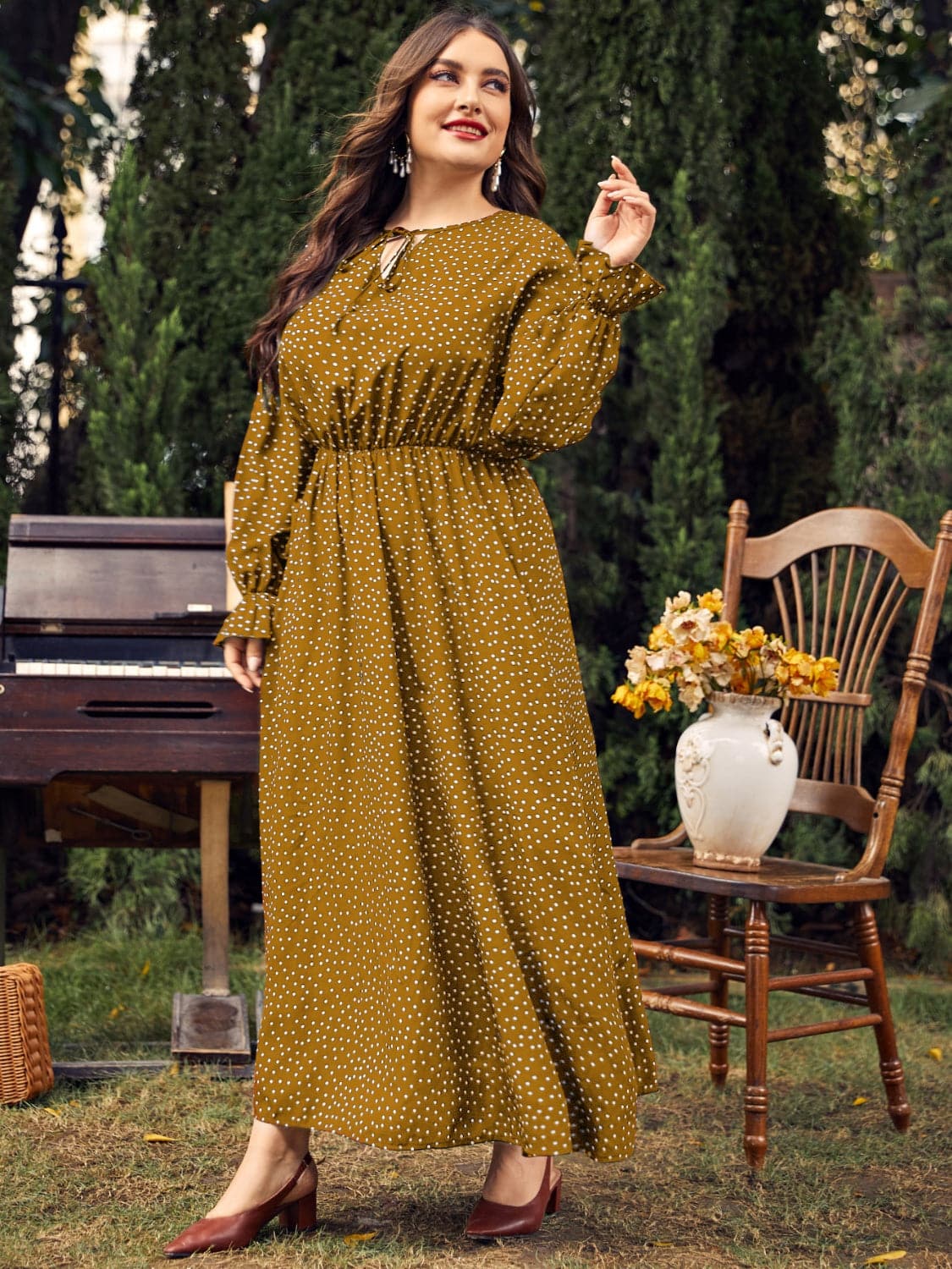 Plus Size Ruffled Polka Dot Long Sleeve Midi Dress.