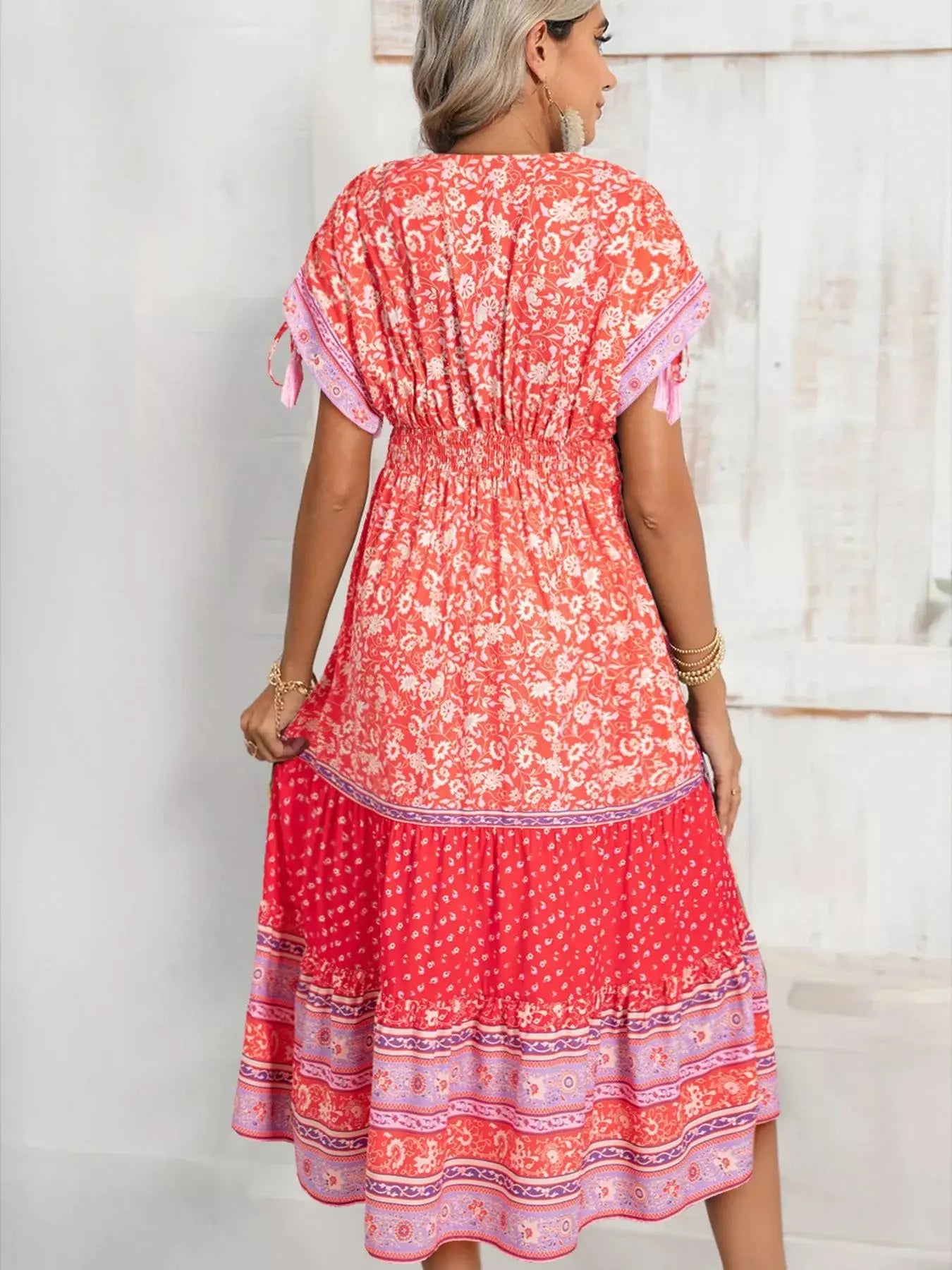 Floral Print Tasseled Tied Sleeve Empire Waist Dress Simply Love