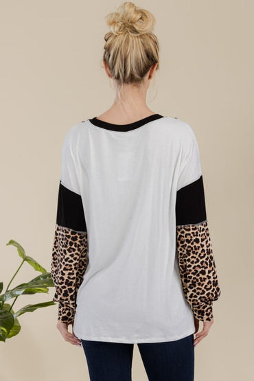 Chic leopard color block exposed seam t-shirt for all seasons