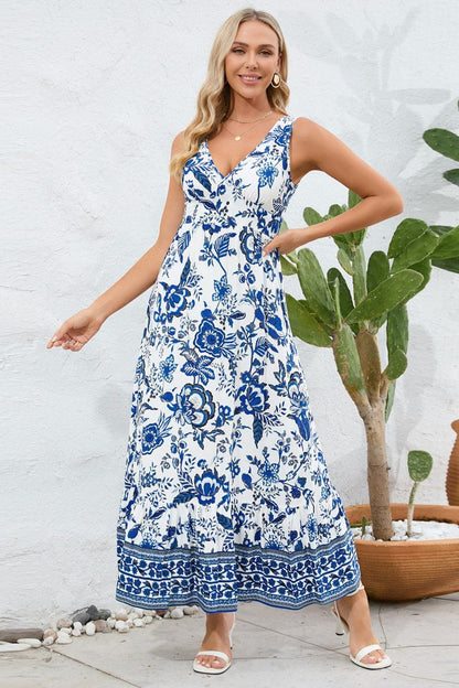 Printed V-Neck Wide Strap Dress.