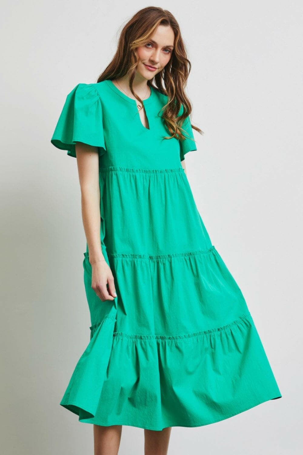 HEYSON Full Size Cotton Poplin Ruffled Tiered Midi Dress.