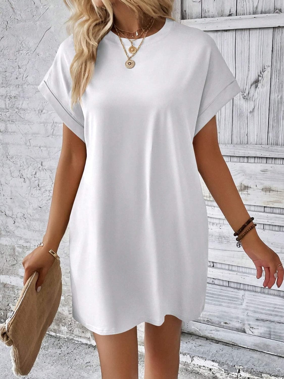 Round Neck Short Sleeve Mini Dress.