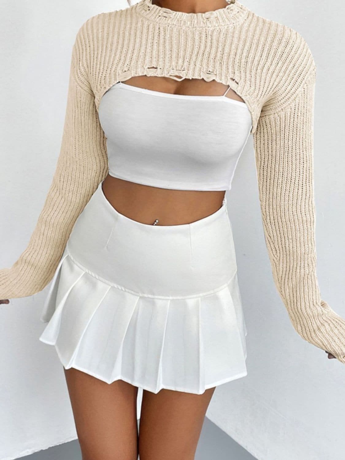 Distressed Long Sleeve Cropped Sweater.