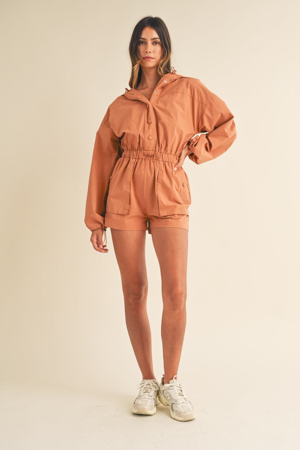 Cozy chic snap-down hooded romper