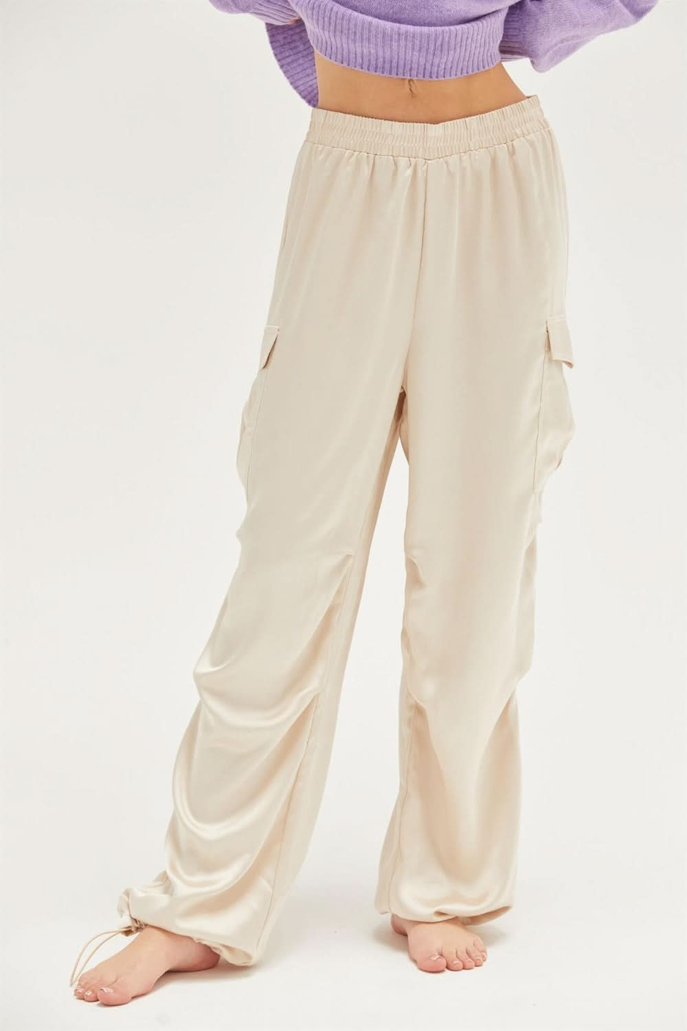 Satin Drawstring Cargo Pants with Elasticated Waist and Flap Pockets