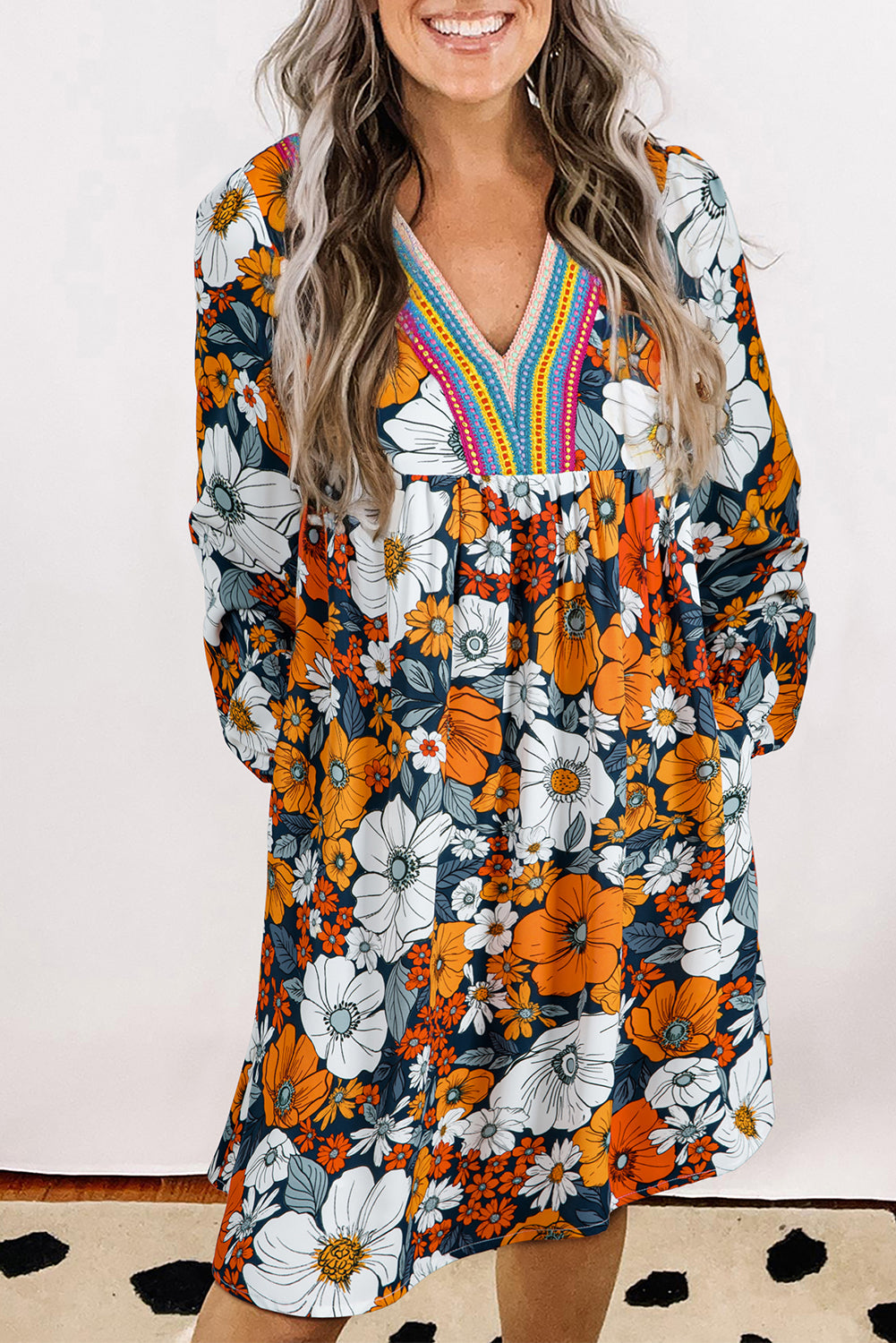 Orange Floral Print Lace V Neck Long Sleeve Mini Dress Dear-Lover Dropshipping