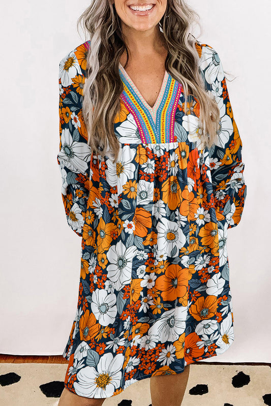 Orange Floral Print Lace V Neck Long Sleeve Mini Dress Dear-Lover Dropshipping