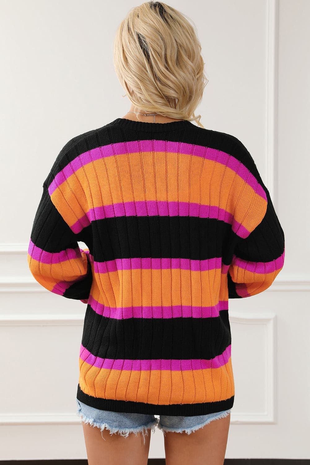 Ribbed Striped Open Front Long Sleeve Cardigan.