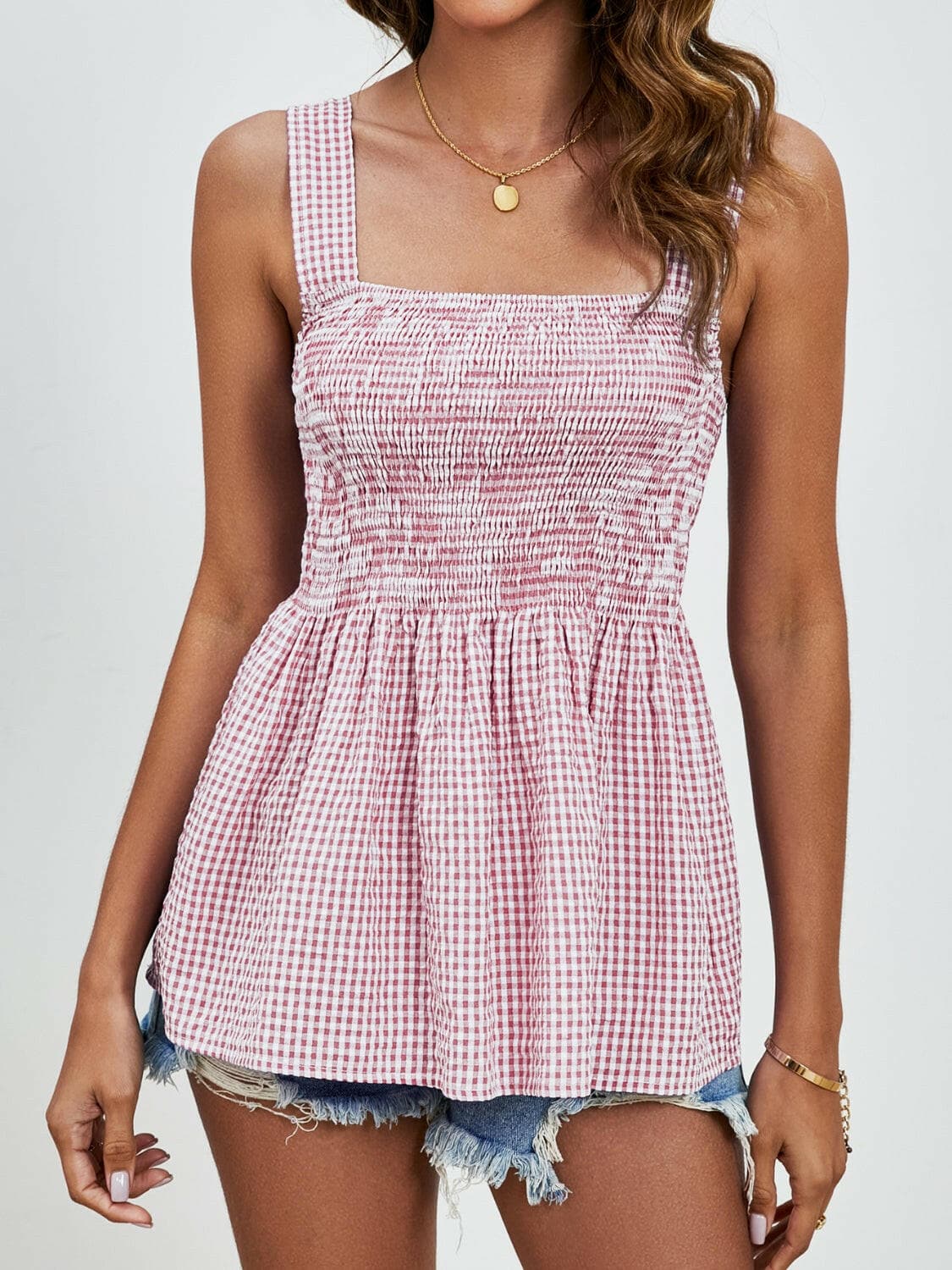 Smocked Plaid Square Neck Tank.