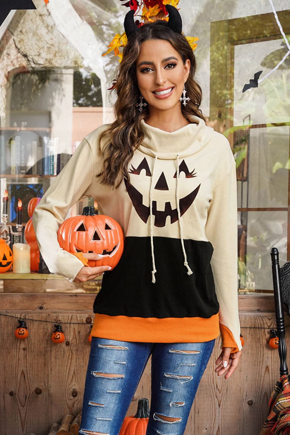 Spooky season long sleeve pumpkin graphic hoodie