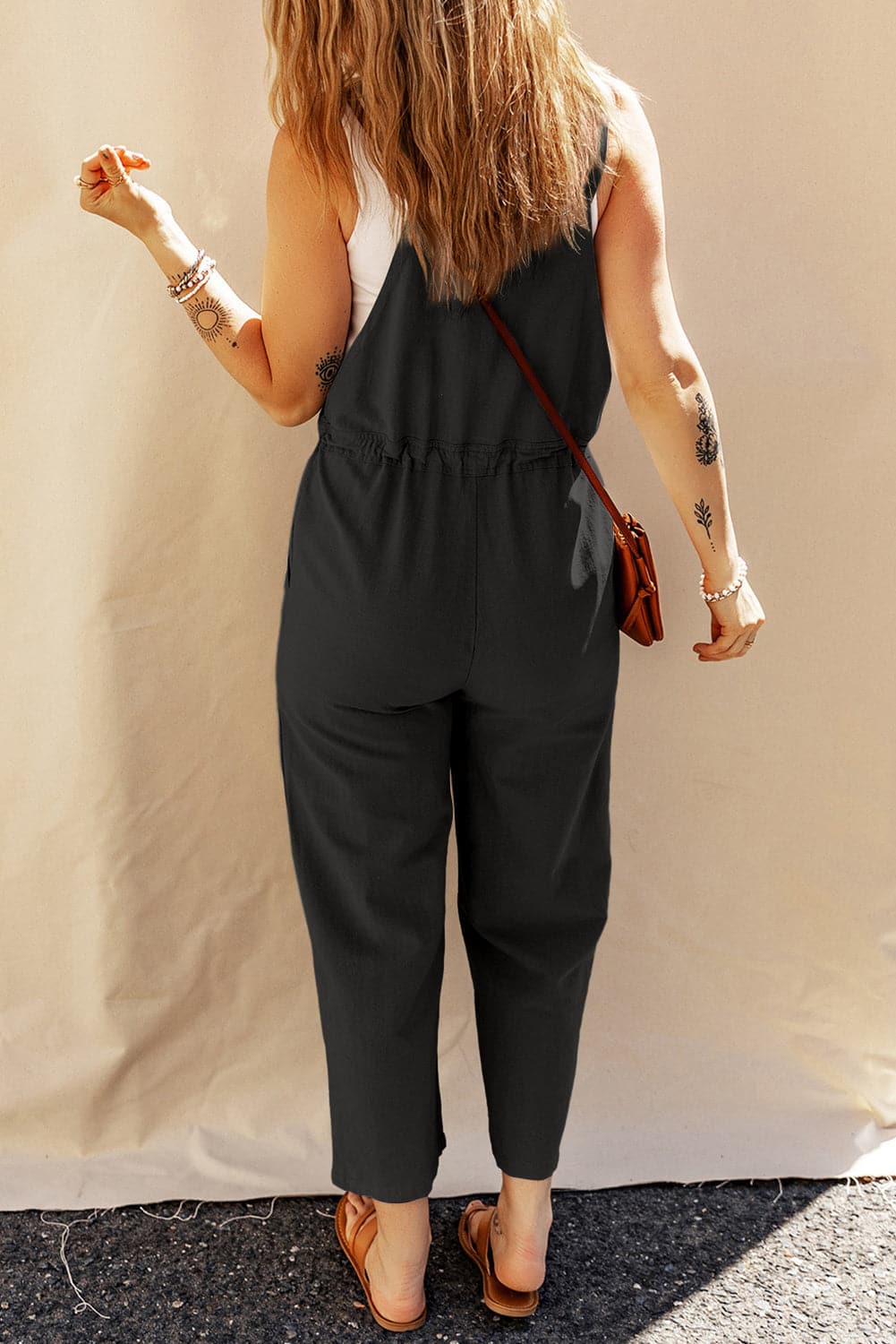 Drawstring Wide Strap Overalls with Pockets.