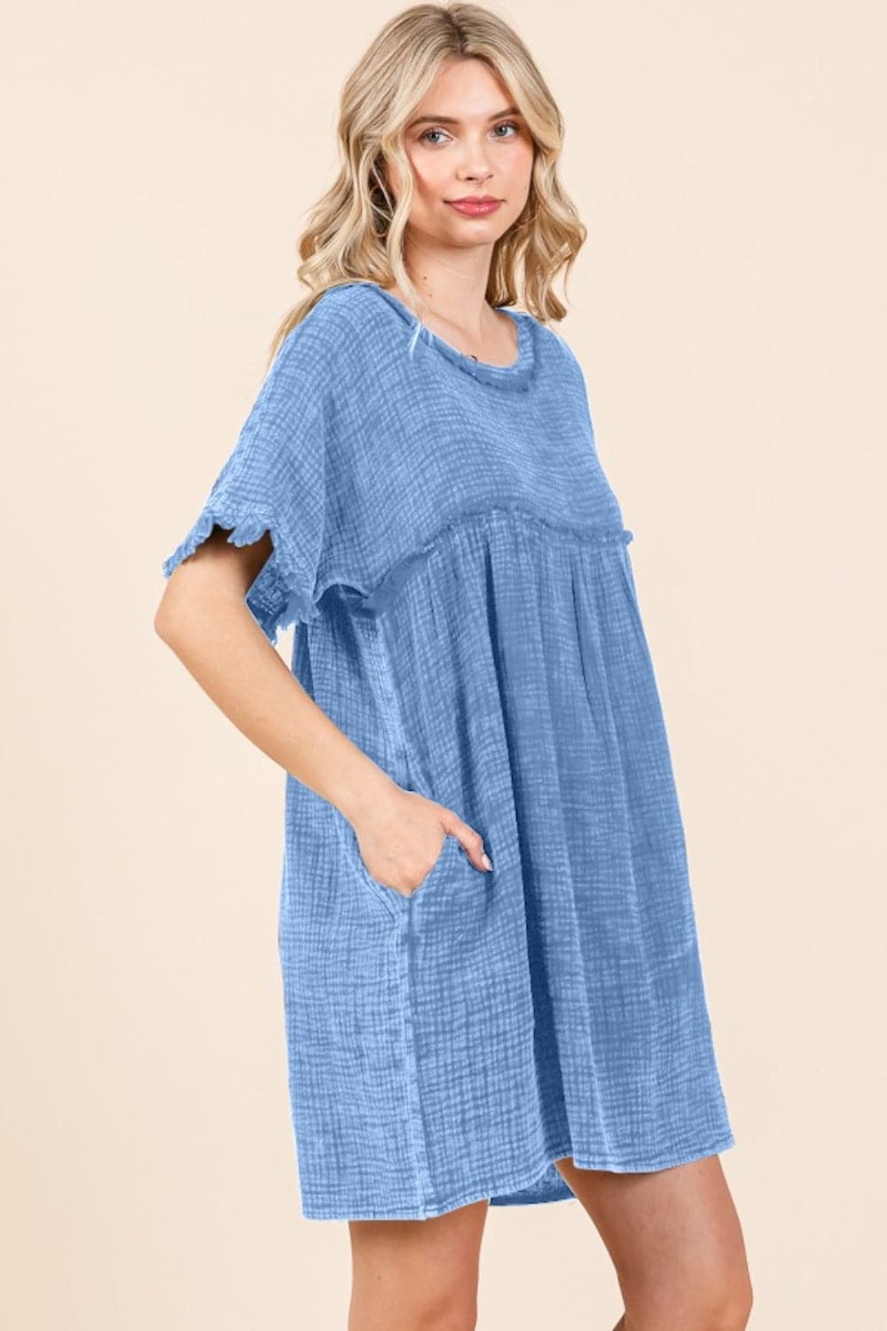 Culture Code Full Size Short Sleeve Babydoll Texture Dress with Pockets.