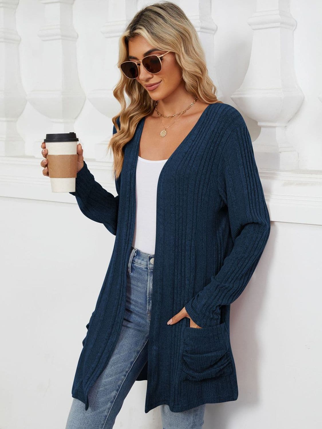 Pocketed Open Front Long Sleeve Cardigan.